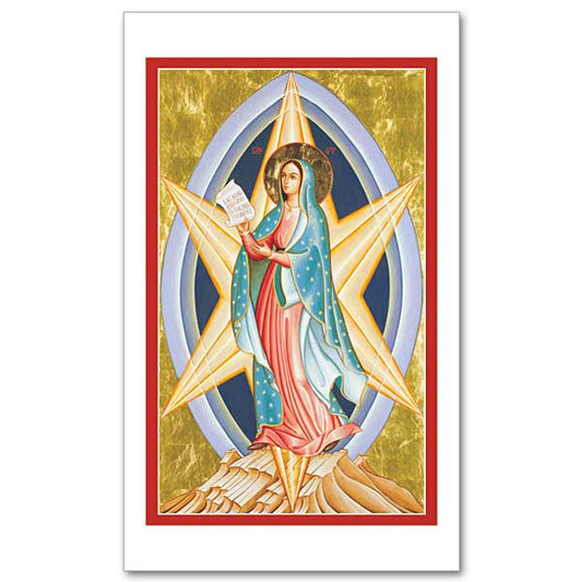 Icon of Mary, Star of the New Evangelization. Mary is shown pregnant, standing on a mountaintop, with star and mandorla behind her. The design of her gown is similar to Our Lady of Guadalupe.