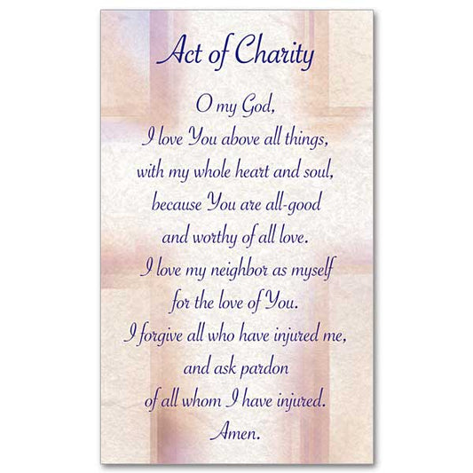 The Act of Charity in black lettering over a soft watercolor image of a cross in shades of violet, tan and rose.