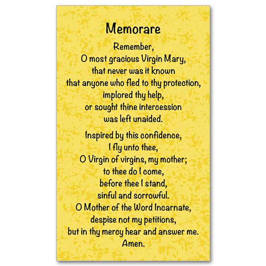 Memorare Prayer.&nbsp; Lettering in black on yellow mottled background.