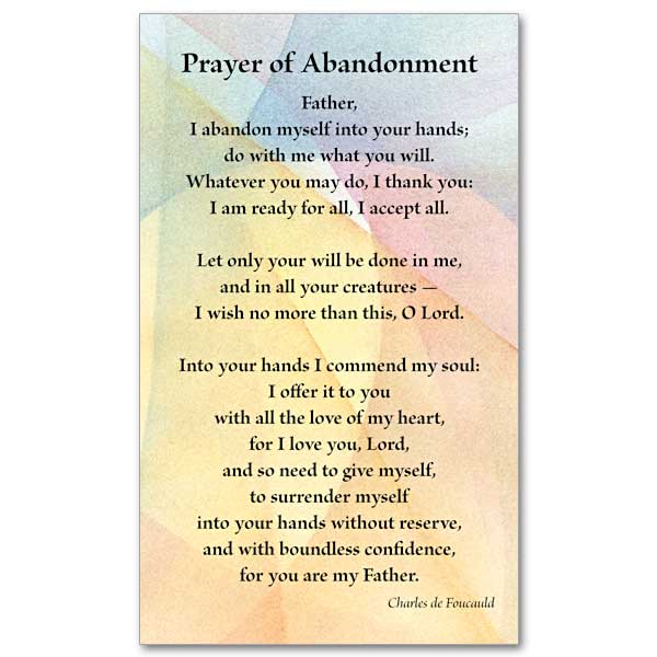 Prayer of Abandonment in black lettering over a multicolored watercolor background of geometric shapes.