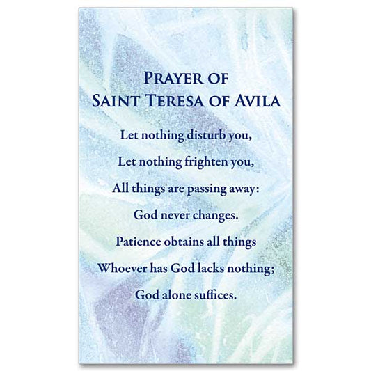 Prayer of Saint Teresa of Avila in black lettering on a marbled background in shades of blue and green.