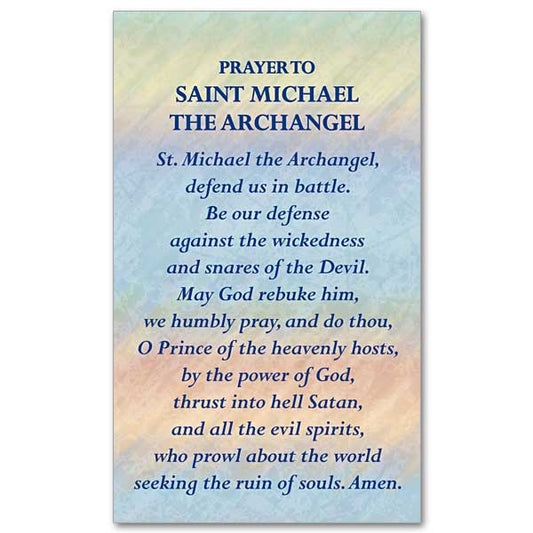Prayer to Saint Michael the Archangel in dark blue lettering over a multicolored watercolor background.
