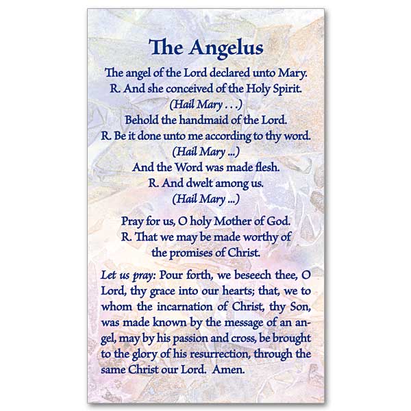 The Angelus prayer in black lettering on a multicolored marbled background.