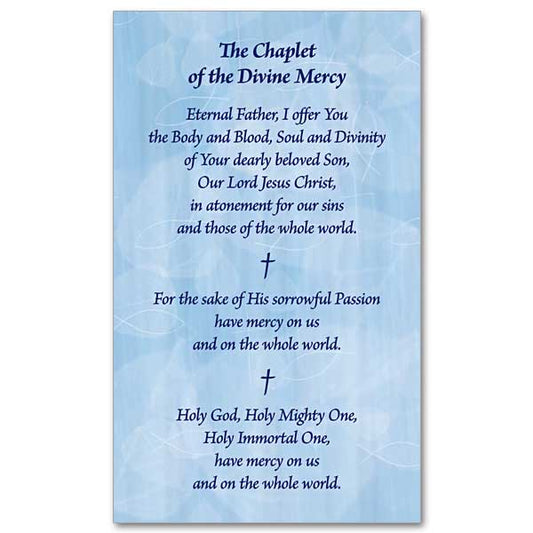 The Chaplet of Divine Mercy prayer in black lettering on blue patterned background.