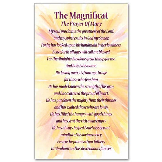 The Magnificat in violet lettering over a watercolor background of a gold, orange and red rays of light.