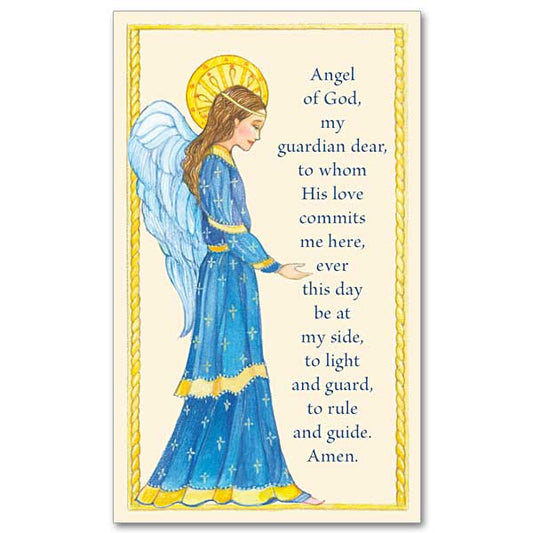Angel dressed in a blue robe with outstretched hand at the left of the card with the text of the prayer at the right.&nbsp; The card is surrounded by a gold rope border on the right and left sides. Formerly PR64.
