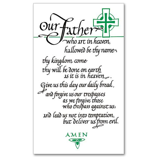 The Lord&#39;s Prayer in black callligraphy on a white background a cross at the top and Amen at the bottom in green. Formerly PR59.