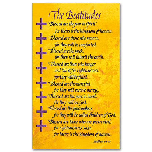 The Beatitudes in black lettering on a dark yellow background with violet crosses along the left border.