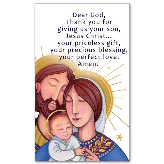 A contemporary illustration of the Holy Family with Mary holding Jesus and Joseph leaning close to Mary. Jesus&#39; fingers reach out to grasp Mary&#39;s hand.