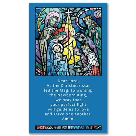 Stained glass image of the Adoration of the Magi at the stable, with a white border and text below.