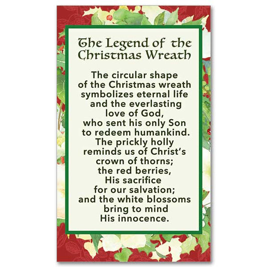 The Legend of the Christmas Wreath on a background of green leaves and white blossoms on a patterned red background.