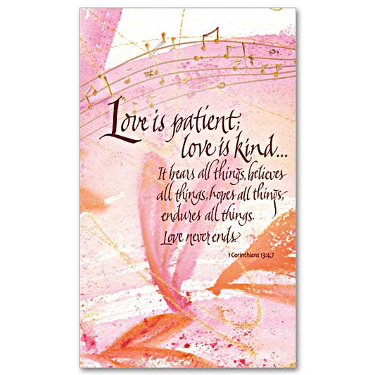 Lettering in deep red on a watercolor background illustration of a heart in shades of pink and magenta. The text is from 1 Corinthian 13:4,7, St. Paul&#39;s famous hymn on love.