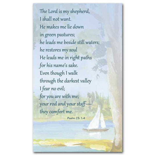 Psalm 23:1-4 with a soft painted lake in the background.