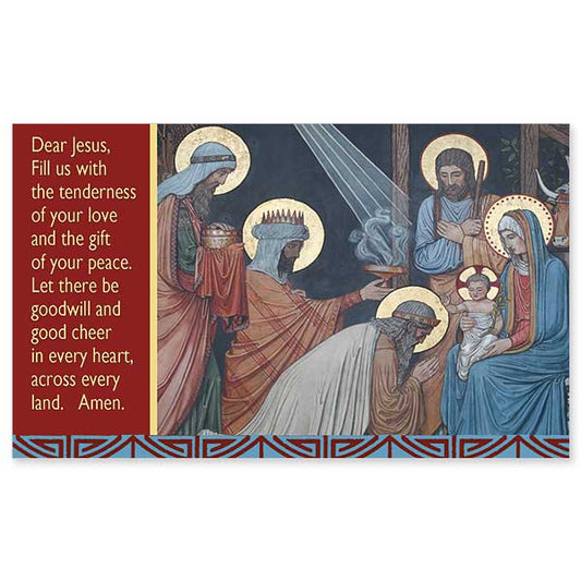 Mural image of the Magi presenting their gifts to the Christ Child from the Basilica of the Immaculate Conception, Conception, Mo.<br> A prayer for peace accompanies the image. This prayer card is coordinated with money enclosure, CB10482 and can be included as part of the gift.