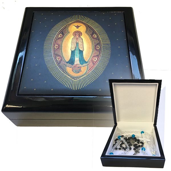 A beautiful keepsake box for your rosaries or other items. Premium laquered black box with hinged lid and white velvet lining on the inside measures 5.8&quot; x 5.8&quot; x 2.25&quot;. The image on the top is the Immaculate Conception by Fr. Lucas Etlin, OSB, from the Basilica of the Immaculate Conception at Conception Abbey in Conception, Missouri.