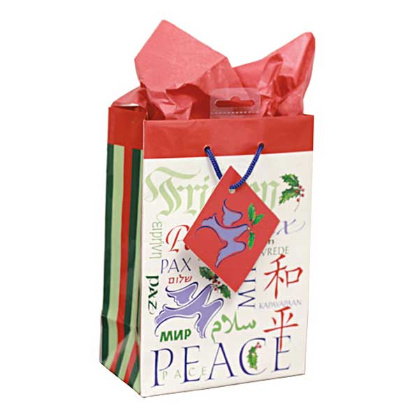 &quot;Peace&quot; is portrayed in several languages on the front and back of this gift bag. Red, dark green, and light green stripes accentuate the side panels. Gift tag attached.