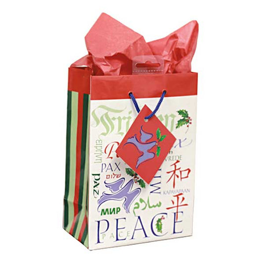 &quot;Peace&quot; is portrayed in several languages on the front and back of this gift bag. Red, dark green, and light green stripes accentuate the side panels. Gift tag attached.