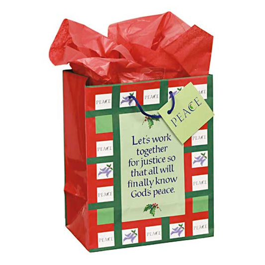 This medium sized gift bag features the writing: Let's work together for justice so that all will finally know God's peace. Surrounded by squares of purple doves and the word Peace. Side panels are red. Gift tag attached.