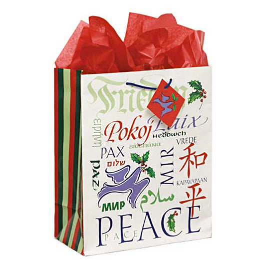 &quot;Peace&quot; is portrayed in several languages on the front and back of this gift bag. Red, dark green, and light green stripes accentuate the side panels. Gift tag attached.