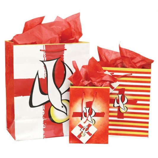 A large red cross and dove decorate the front and back of this confirmation gift bag. Side panels are a patterned red. Matching gift tag is attached. Tissue paper not included. Medium and small bags no longer available.