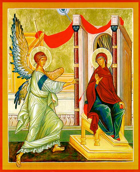 This icon depicts the dramatic moment described in Luke 1:28 when the angel Gabriel appears to Mary and announces the role she is to play in the birth of our Savior. Display this icon on March 25 and during Advent.