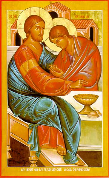 This wonderful icon depicts Jesus comforting the &"beloved disciple&" of John's Gospel. Through prayer, each of us can place ourselves in the arms of the Lord. Meditating with this beautiful image is a great way to begin the process.