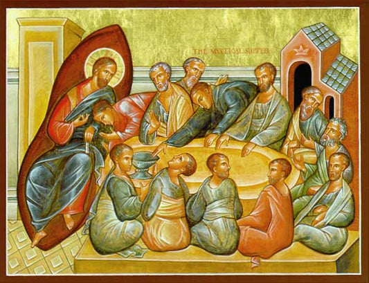In The Mystical Supper Jesus dines with his apostles in this traditional image of the Last Supper. The beloved disciple reclines against the Lord Peter proclaims his loyalty while Judas reaches for the dish. This icon would grace any Christian dining room and is the symbol of one of the most important events in the Gospel."