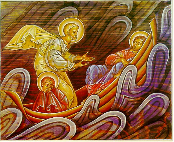 This very dramatic icon shows Jesus asleep in the boat, Peter pleading with Him to save them, and John huddled in fear. See Matthew 8:23-27, Mark 4:35-41, or Luke 8:22-25. The image is a wonderful aid to prayer and meditation because we can so readily identify with both disciples!