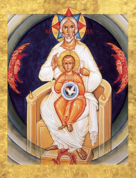 The Christian doctrine of the Trinity proclaims the central belief of one God in three persons: Father, Son, and Holy Spirit. This image by Brother Claude Lane, O.S.B. is inspired by the description of the Ancient One in the Book of Daniel 9:7, where God the Father is depicted in glory and seated on a throne. God the sun is depicted here as Christ Emmanuel, &ldquo;God with us.&rdquo; The Holy Spirit, as often described in the New Testament, is shown in the form of a dove, reminding us that &ldquo;the Spir