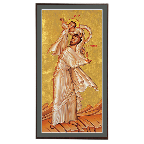 This icon is a meditation on the relationships Jesus has with both his earthly father and his Heavenly Father. Jesus and St. Joseph are returning from a trip to the Temple in Jerusalem, still dressed in their white garments. Jesus leaps out of the arms of Joseph and looks up both to heaven and to the Temple, his Heavenly Father's House. This icon was written by Brother Claude Lane, O.S.B., of Mount Angel Abbey in Oregon.