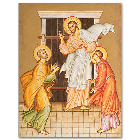 The apostles Peter and John stand in amazement as Jesus approaches them through a locked door and greets them with the message "Peace be with you."