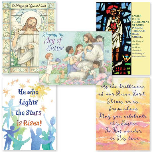Five cards celebrating Christ&#39;s resurrection featuring a mix of cultural portrayals of Christ and more abstract artwork. Package includes 2 of each design.