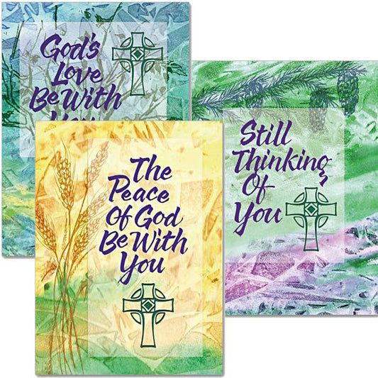 When you order this assortment, you will receive 1 each of &quot;God&#39;s Love Be With You,&quot; &quot;Still Thinking of You,&quot; and &quot;The Peace of God Be With You&quot; with envelopes. Accompany and support your loved ones each step of the way in treament and recovery as they battle cancer, addiction, or another serious illness. Note: The cards are not wrapped together. 