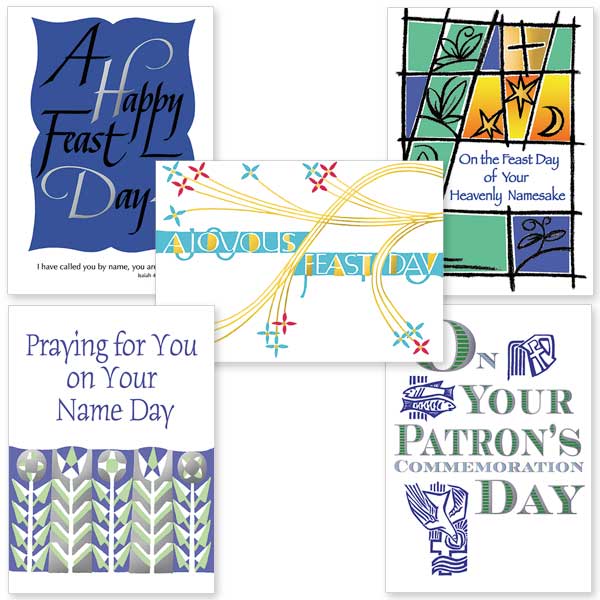 An assortment of feast day and name day cards to offer blessings and well wishes on the feast day of someone&#39;s namesake saint. These cards are especially appropriate for religious brothers and sisters who take a new name upon professing vows. They can also be used to celebrate a loved one on the feast of their baptismal or confirmation namesake.