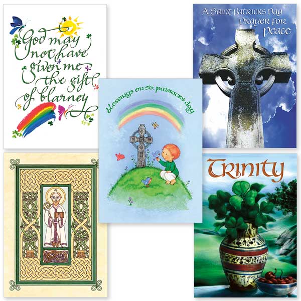 2 each of 5 assorted St. Patrick&#39;s Day cards with envelopes. Designs included may vary from those shown.<br> <strong>Card 1:</strong> <br> Front Text: Trinity<br> Inside Text: St. Patrick chose the shamrock from Ireland&rsquo;s greenest land to teach of Father, Son, and Spirit so that we could understand. May you be blessed with all God&rsquo;s gifts On St. Patrick&rsquo;s Day, and always.<br> Bible Verse: Psalm 19:1 The heavens are telling the glory of God; and the fir