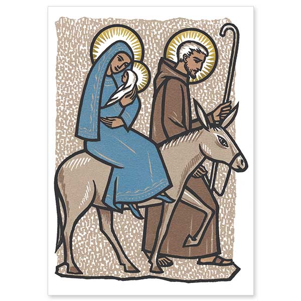 Mary and baby Jesus are riding on a donkey led by Joseph.