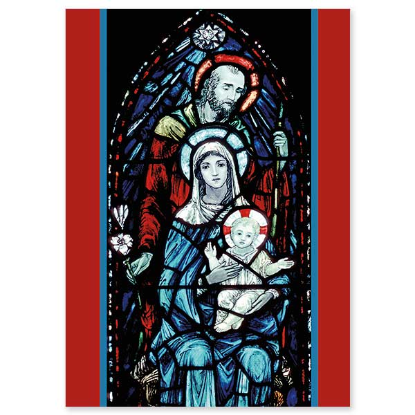 Stained glass window image of the Holy Family in blues and reds