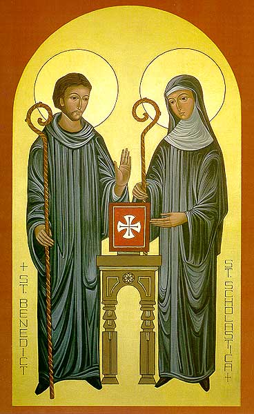 This composition by Sister Mary Charles shows the young St. Benedict and his twin sister, St. Scholastica, founders of the male and female Benedictine monastic orders. The original hangs in the chapel of St. Scholastica's Monastery in Duluth, Minnesota.