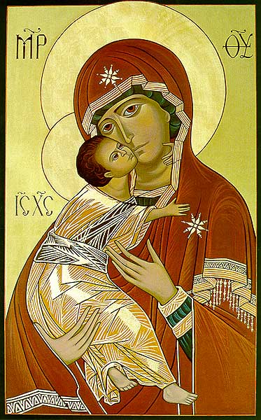 This simple and elegant icon of the Virgin and Child is patterned after a very famous original, painted in 12th century Constantinople, and referred to by many names; ñThe Virgin of Tenderness,î ñThe Soul of Russia,î and most frequently, ñOur Lady of Vladimir.î The optional memorial of Our Lady under this title is celebrated on May 21.