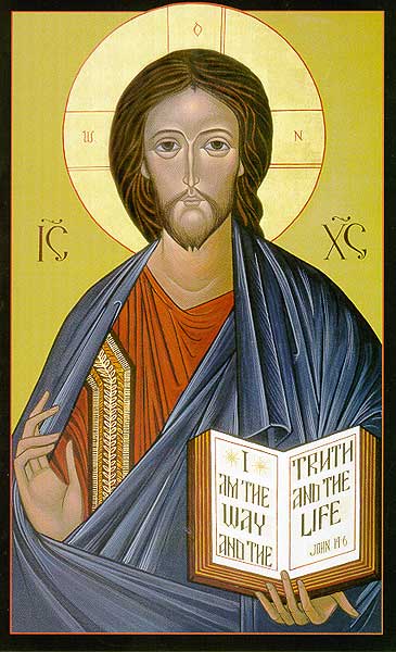 In this icon, Jesus Christ, the Incarnate Word, the Ruler of All (Pantocrator) stands before us, right hand raised in blessing, left hand holding the Word: ñI am the way, and the truth, and the life.î (John 14:6)