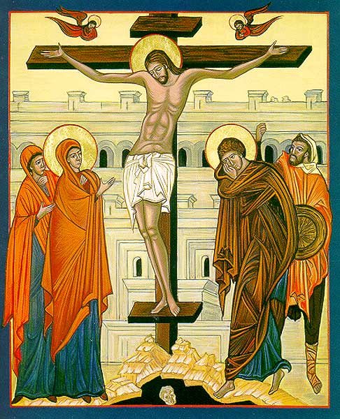 This scene of the Crucifixion follows an ancient Byzantine model dating from the late fourth century. Jesus is flanked on the left by His mother, Mary, and a holy woman. On the right is John the beloved disciple and a centurion. Display and pray with this icon through the Lenten season.