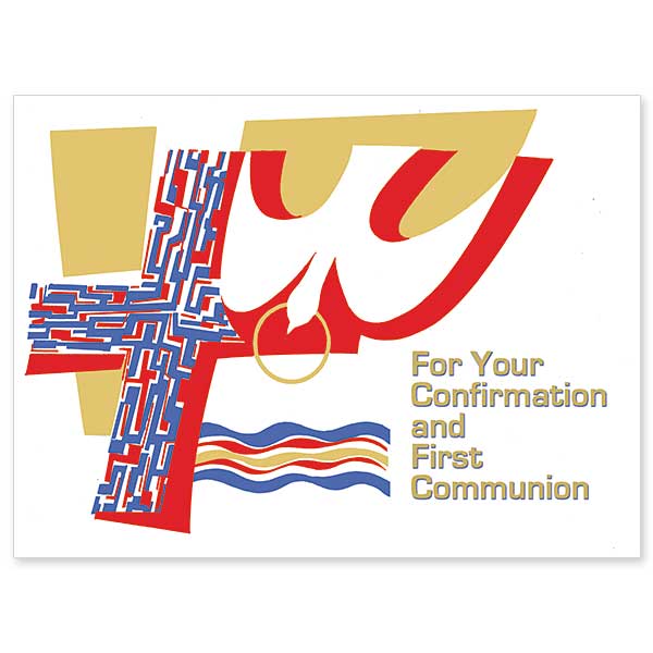 Cross and image of descending dove. Appropriate in dioceses where children receive Confirmation and Eucharist or First Holy Communion in the same celebration.