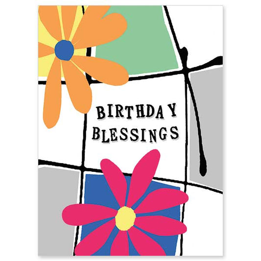 Two brightly colored flowers on graphic background