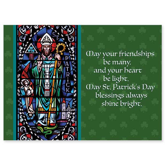 Stained glass window image of St. Patrick. Text over a green background decorated with St. Patrick&#39;s three-leafed clover.