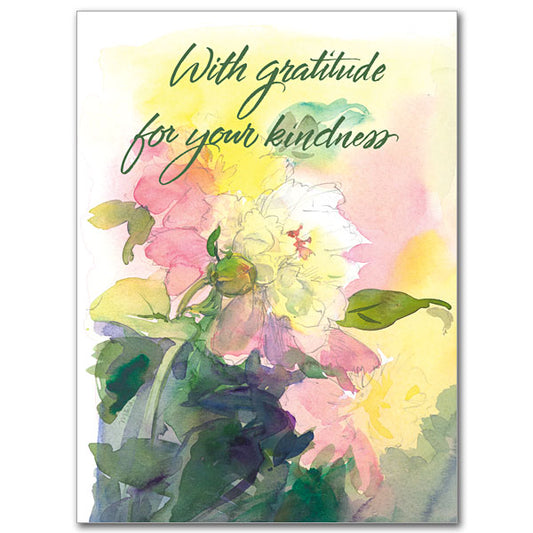 These beautifully, artistic floral cards offer a lovely way to thank someone for the good that they do and the gifts that they have given. The cards measure 5.93&quot; by 4.38&quot;. white and pink peonies on yellow ground