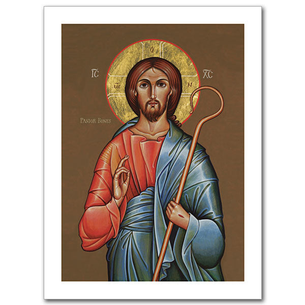To the traditional iconographic image of Christ the Benefactor Br. Claude Lane, O.S.B. has added Biblical imagery of the Good Shepherd, drawn from St. John&rsquo;s Gospel, chapter 10, and the 23rd Psalm. Jesus&#39; hands show the wounds of the cross because the good shepherd lays down His life for His sheep (John 10:11). He holds a staff, or crosier, to indicate that He is the guardian of His flock. Many of us go through life feeling lost or without purpose, but this image helps us contemplate the Divine