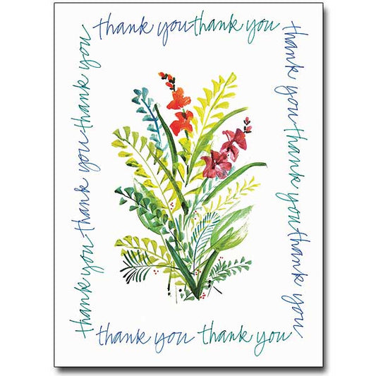 Bouquet of purple and orange flowers with green ferns surrounded by a border of &quot;Thank You&quot; in monoline lettering. A-6 4.375&quot; x 5.9375&quot; cut out.