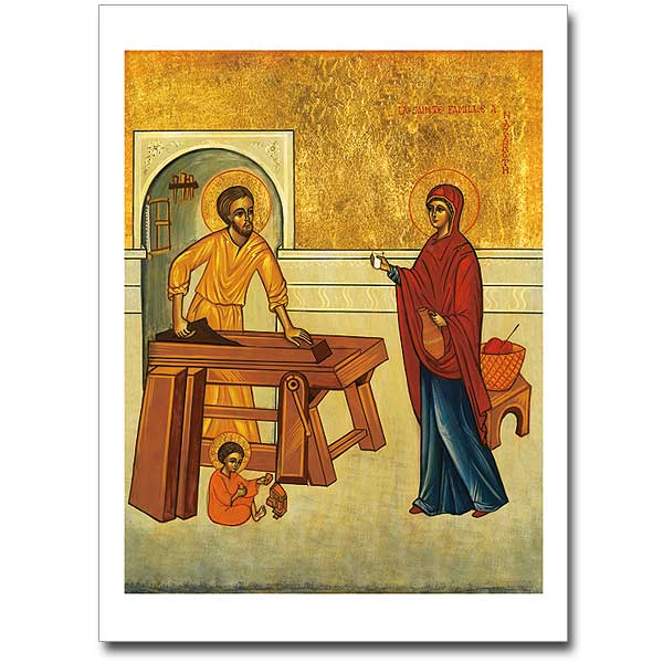 This sacred image depicts the home life of the Holy Family at Nazareth where St. Joseph provided for his family and taught his foster son the trade of carpentry. This scene is a model of Christian community based on prayer, teaching, work, sharing and love.