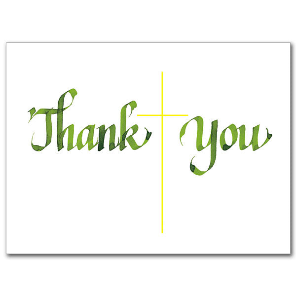 Friends welcome the thoughtful thanks that these cards offer. The cards measure 5.93&quot; by 4.38&quot;. Green calligraphy on white background with yellow cross