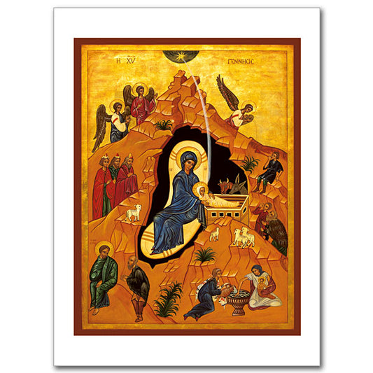 This ancient Byzantine icon of &ldquo;The Nativity&rdquo; is far different from the usual scenes of joy and intimacy in western Christian art. It presents the Gospel story with a wealth of symbolic detail, including elements from the Protoevangelion of James as well as the Nativity narratives in Luke and Matthew. Card size 4 3/8&quot; x 6&quot;.